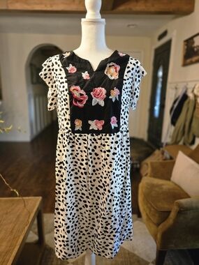 Amazon Black & White Spot Midi Dress with Multicolor Floral Embroidery